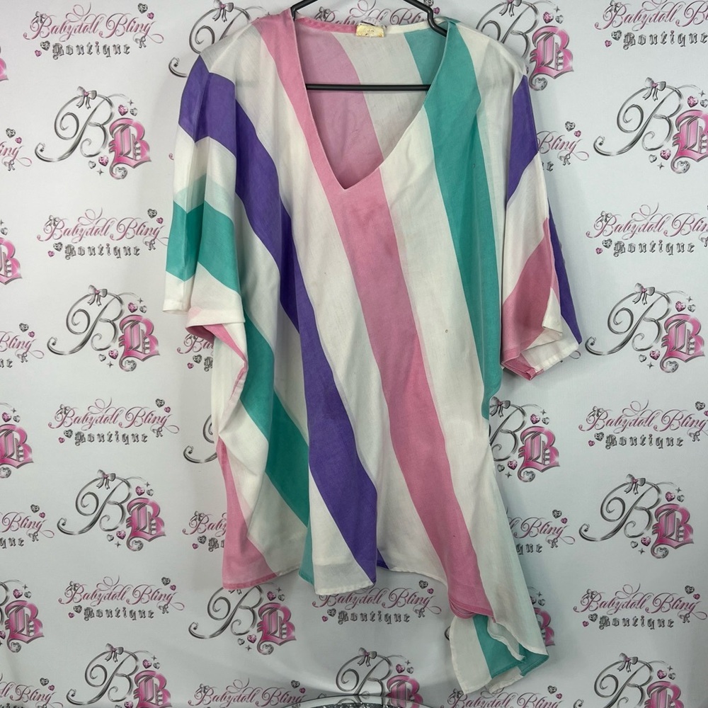 Dotti vintage top tshirt asymmetrical hem Colorful Striped V-Neck Women's Top